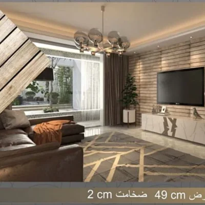 دیوار پوش طرح چوب الواری بژ دودی دکوراسیدن قلعه کاغذ دیواری