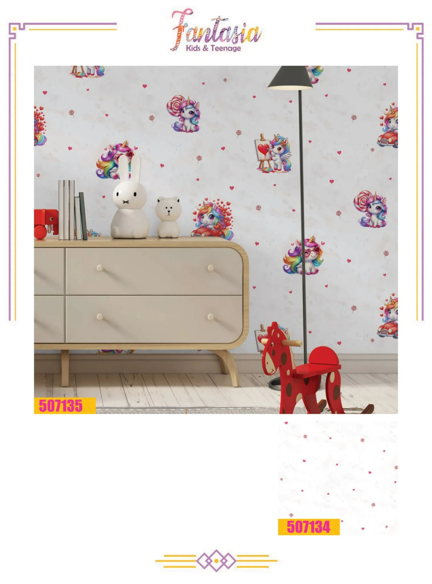 کاغذ دیواری دخترانه کودک اسب تک شاخ فانتزیا دکوراسیون قلعه کاغذ دیواری